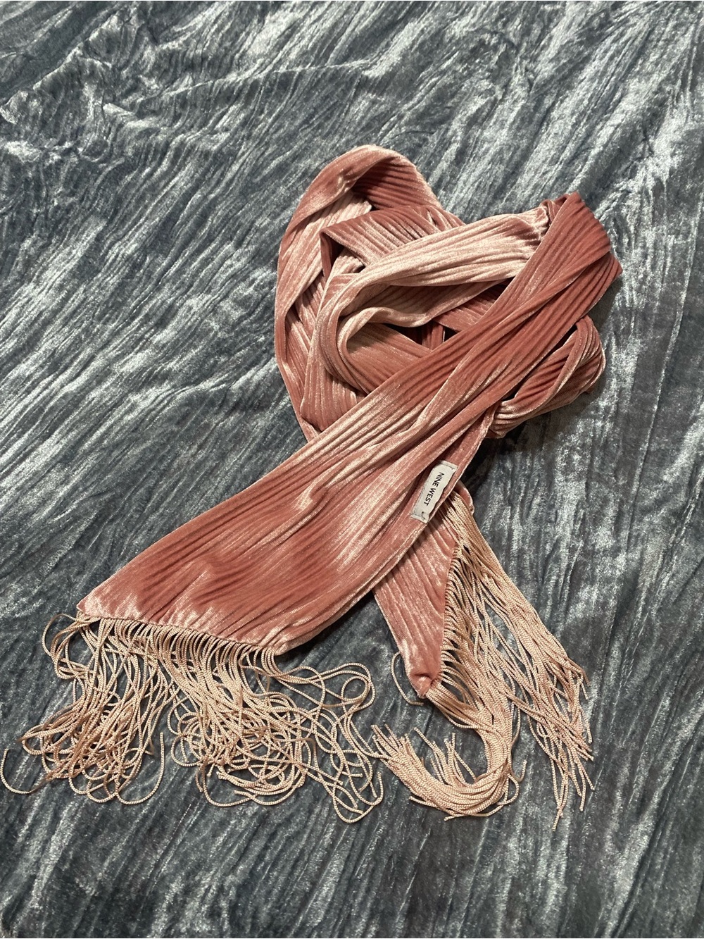 Nine West Velvet Fringe Scarf in Rose Pink -Ribbed texture